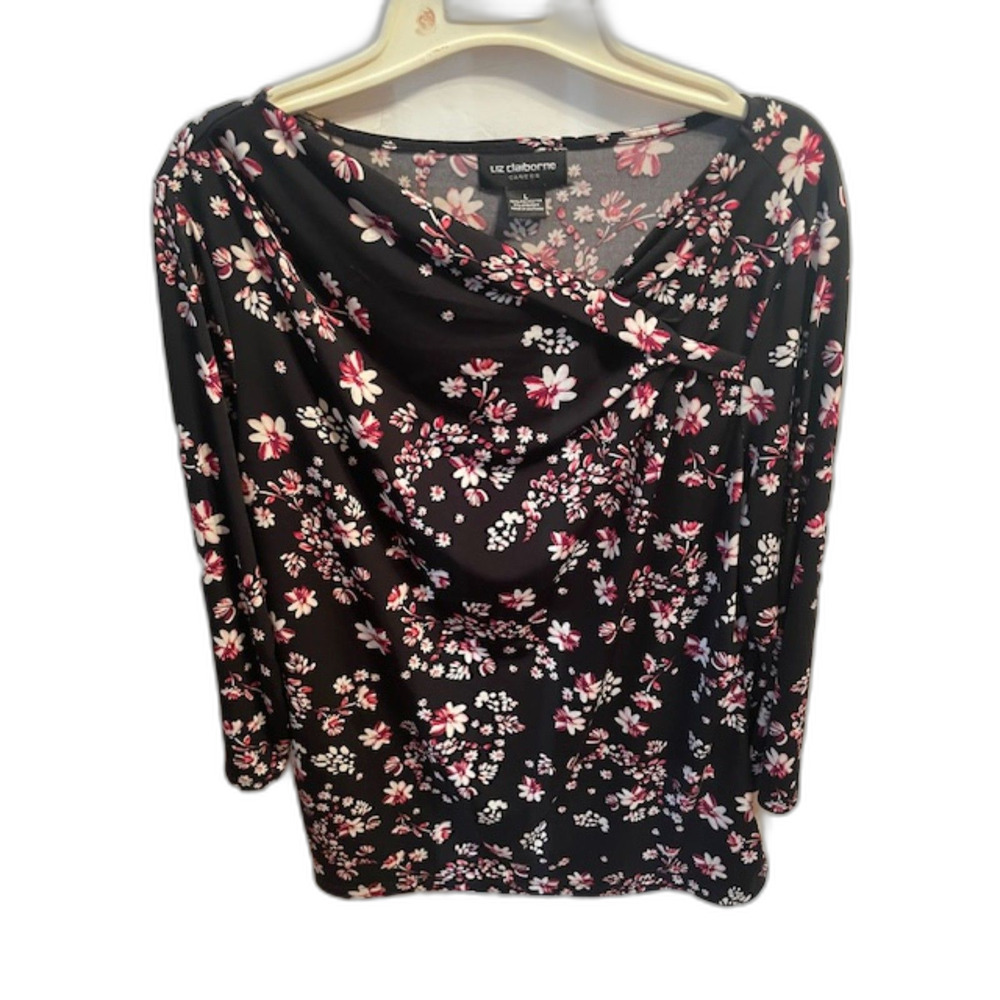 Liz Clairborne Floral Draped Neck Blouse 3/4 Length Sleeve Large